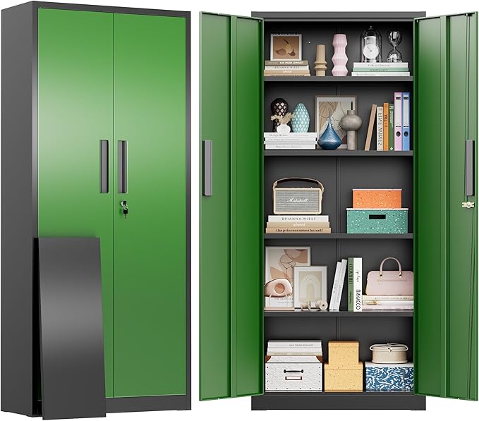 Greenvelly Metal Storage Cabinet, 63" H Locking Metal Storage Cabinet with Doors and 4 Shelves, Lockable Steel Cabinets for Kitchen, Bedroom, Living Room, Office (Green)