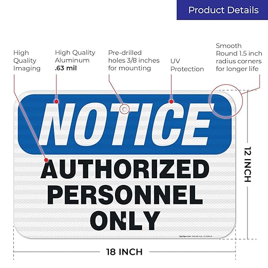 Authorized Personnel Only Sign, 12x18 Inches, 3M EGP Reflective .063 Aluminum, Fade Resistant, Easy Mounting, Indoor/Outdoor Use, Made in USA