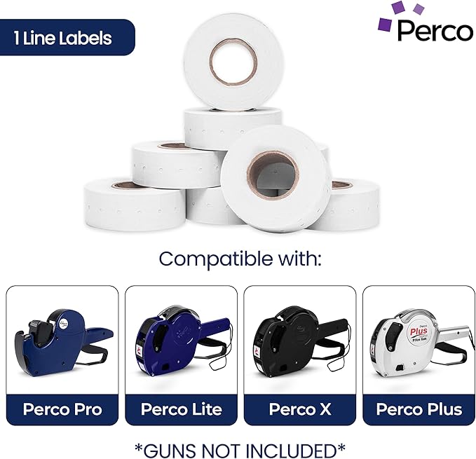 Perco 1 Line White Labels - 8 Rolls, 1 Sleeve, 8,000 Blank Price and Date Gun Labels for Perco 1 Line Price and Date Guns - Made in USA