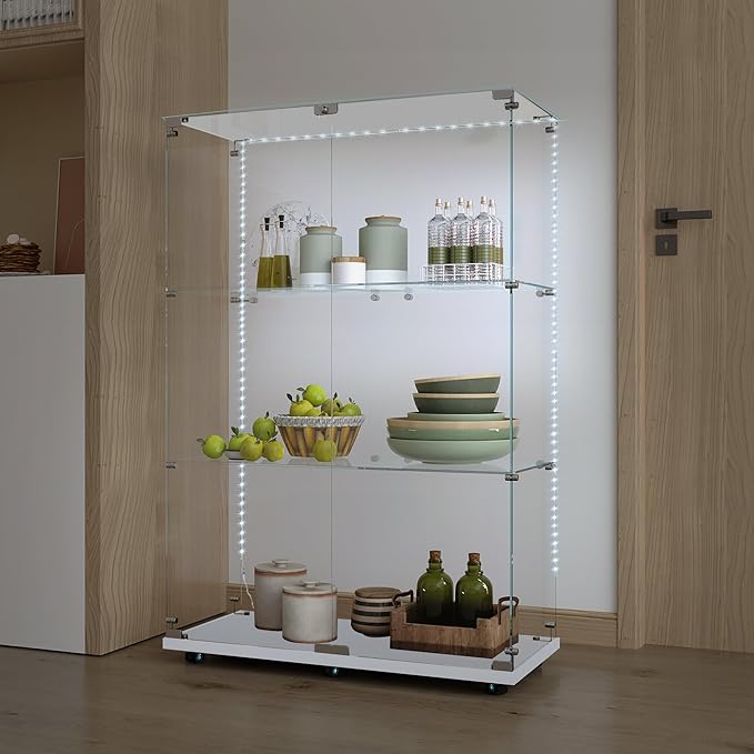 Yoluckea 3 Tiers Glass Display Cabinet with Bluetooth LED Light Strip, 2 Doors Floor Standing Curio Cabinet with Universal Wheel for Home, White Glass Bookshelf for Collections, Clear Top