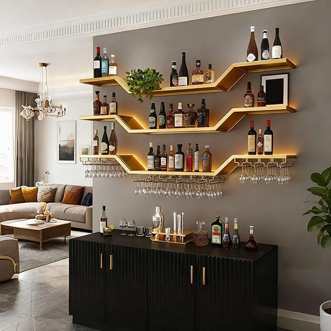 78.7in Modern LED Wine Rack Wall Mounted, 3-Tier Floating Bar Shelves with Wine Glass Rack, Large Hanging Liquor Shelf Wall Mounted, for Home Bar Dining Room Cafe Decorative (Gold, 78.7in/200cm)