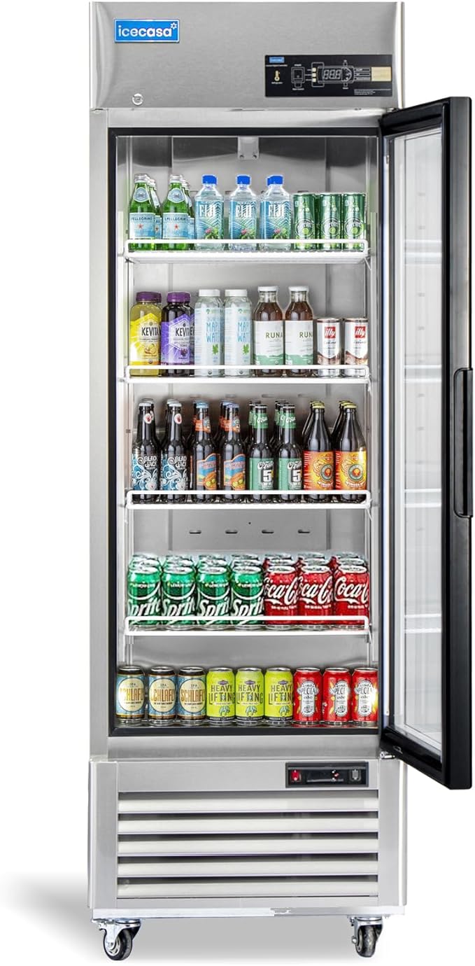ICECASA 27" W Commercial Display Refrigerator Single Glass Door Merchandiser Reach-in 23 Cu.ft Stainless Steel Display Refrigerator Fan Cooling for Restuarant, Bar, Shop, etc
