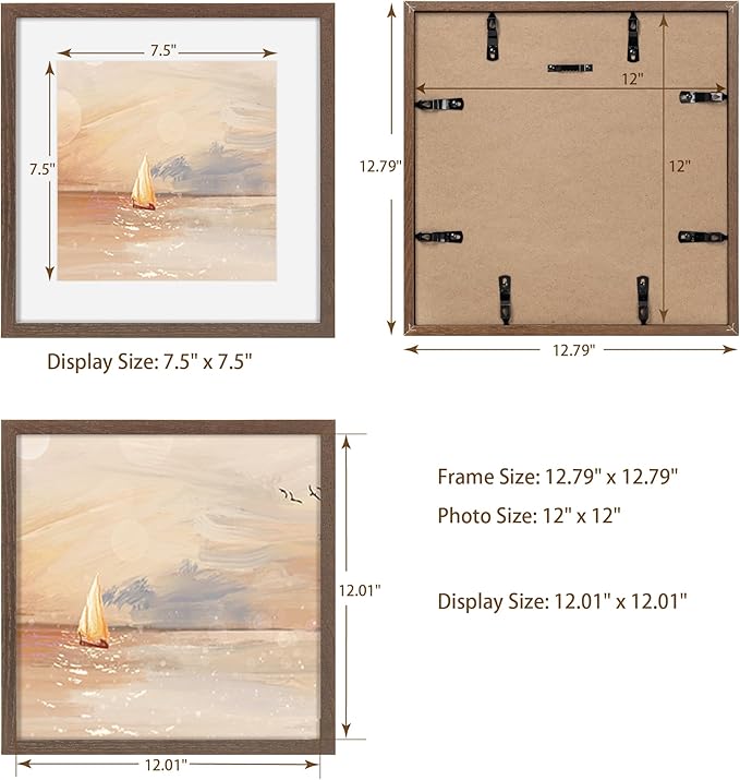 Fun Memories 12x12 Picture Frame Set of 3, Rustic Walnut Oak Wood Frame 12 x 12 with Tempered Glass, Wall Collage Frame 12 by 12