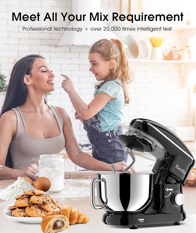 Facelle Stand Mixer, Electric Kitchen Mixer, 660W 6 Speed Tilt-Head stand mixer with Pulse, Attachments include 6.5QT Bowl, Dishwasher Safe Beater,Dough Hook,Whisk for Dough,Baking,Cakes,Cookie-Black