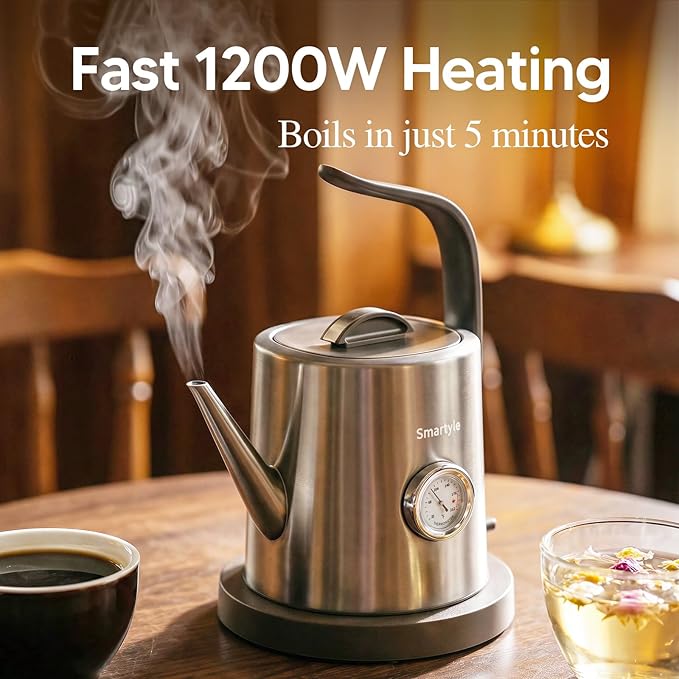 Smartyle® Electric Tea Kettle with Thermometer,1.0L Gooseneck Electric Kettle,304 Stainless Steel,Auto Shut-Off,1200W Pour Over Coffee Pot for Brewing Coffee & Tea at Home,Office,or Café (Chrome)
