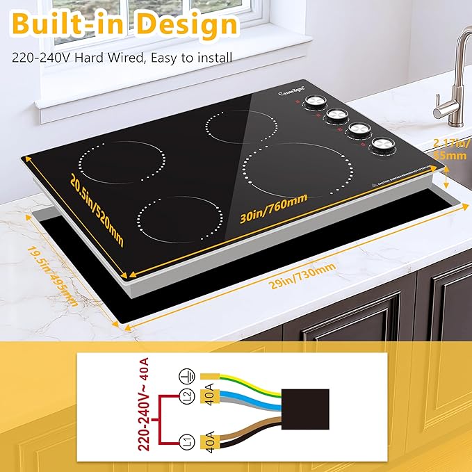 30 Inch Induction Cooktop, 4 Burner Electric Cooktop with 9 Power Levels, Knob Control, Auto shutdown and Residual Heat Warning, 6500W, 220-240V for Hard Wire