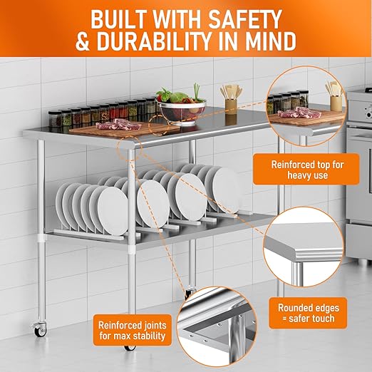 Stainless Steel Table with Wheels for Food Prep & Work 30" x 60" Utility Table with Adjustable Undershelf, Commercial Workstation in Kitchen, Garage, Outdoor BBQ