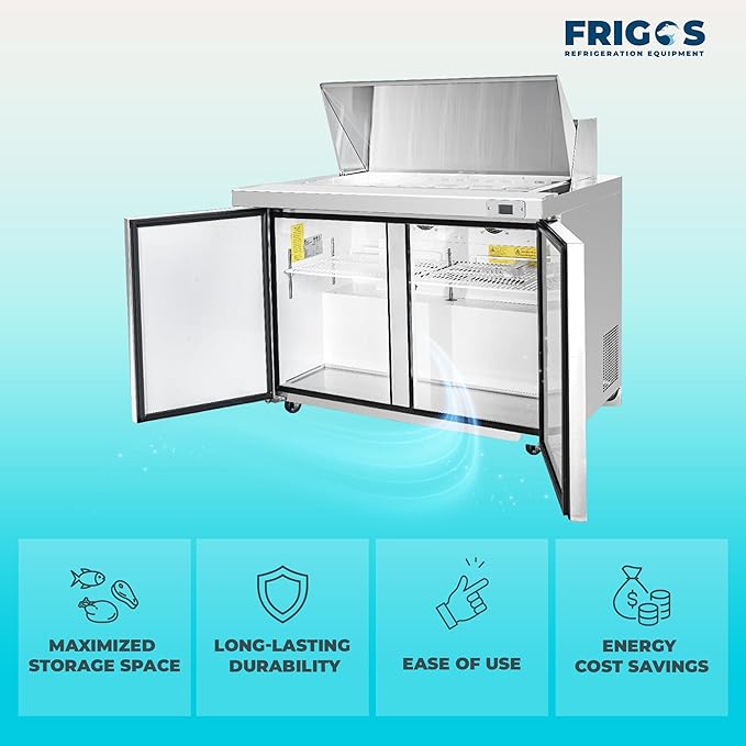 Frigos FG-SWPT-48 13.8 Cu Ft 2 Door Commercial Sandwich Prep Table Refrigerator - Stainless Steel Exterior with LED Lighting - Ideal for Commercial Kitchen Salad Bar Included Liftgate