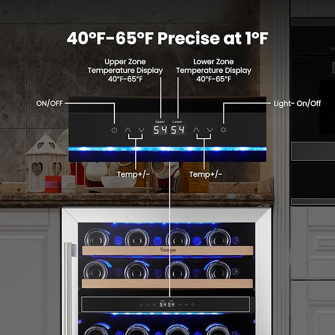 Yeego Wine Fridge Cooler - 24 Inch Dual Zone Wine Fridge Hold 52 Bottles, 40-65°F Wine Refrigerator Glass Door, Built in Fridge, Freestanding Adjustable Shelves Fridge for Beer Soda Drink Home Bar