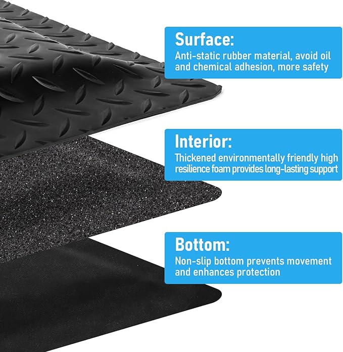 2 x 6 FT Anti Fatigue Mats Industrial 15/16 Inch Thick Soft Sponge Ergonomic Mat Durable Heavy Duty Diamond Plate for Standing Non Slip Industrial Grade Floor Mat for Leg & Back Pain(Black)