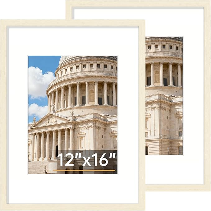 Vittanly 12x16 Picture Frame Set of 2, Solid Wood Frame for Wall Art Photo and Prints, Display Photo 8.5x11 with Mat or 12x16 without Mat, White