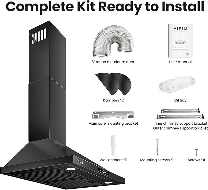 Wall Mount Range Hood 36 inch, 580 CFM Kitchen Vent Hood, Ducted/Ductless Convertible with Touch Control, Stainless Steel Stove Vent Hood, Easy Clean Filter, Black