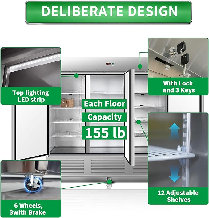 81" W Commercial Reach-In Upright Refrigerator - 3 Door Stainless Steel Fridge, 72 Cu.ft Capacity, 3 Adjustable Shelves, Auto Defrost, Digital thermostat control, LED Lighting