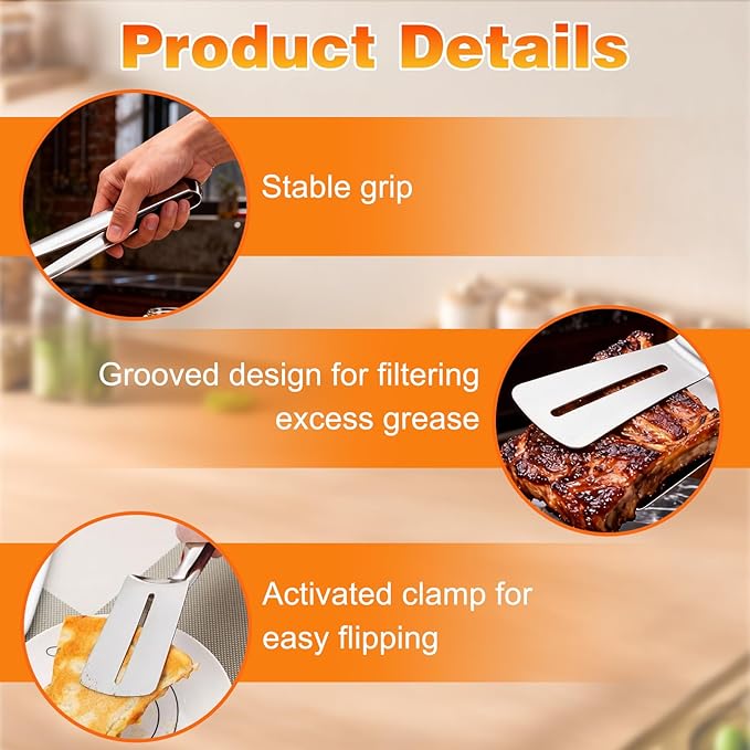 2Pcs Double-Sided Stainless Steel Grill Clamp Spatula, All-Purpose Shovel Clip, Upgrades Anti-Scald Extended Handle Spatula Tongs, for Grilling Meat, Fish and Pancakes with Non-Slip Grip