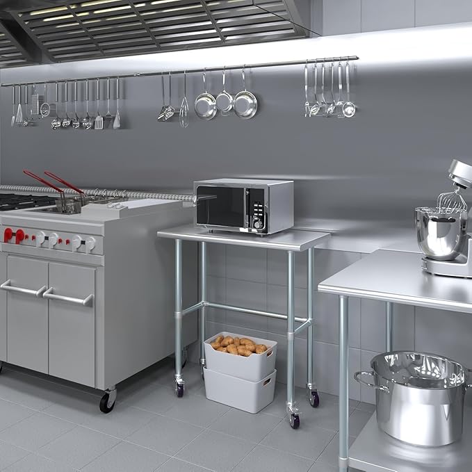 Stainless Steel Work Table Open Base & Wheels | Work Station | Metal Work Bench (Stainless Steel Work Table Open Base + Casters) (36" Long x 18" Deep)