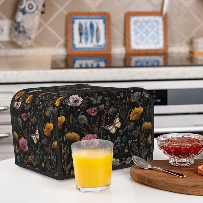 4 Slice Toaster Cover for Kitchen Flower Vintage Butterfly Botanical Waterproof Dustproof Toaster Dust Cover with Side Pockets Decorative Universal Cover for Wide Slot Toasters Small Appliances