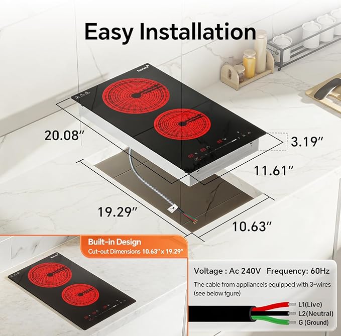 Ranein Electric Cooktop with 2 Burners, 12 inch 3000W 240V Ceramic Panel Electric Cooktop, Multiple Safety Protections Stove, Touch Screen