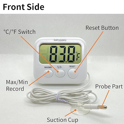 Digital Thermometer with External Sensor, Magnet, Suction Cup, Water Thermometer, Aquarium, Refrigerator, Freezer (White)