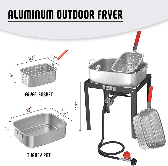 18 QT Fish Fryer with 2 Inner Baskets for Outdoor Cooking, Outdoor Aluminum Propane Deep Fryer Pot and Basket for Frying Fish, Chicken Wings, French Fries, and Seafood