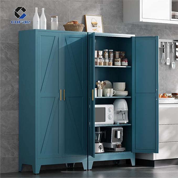 COFaR Metal Storage Cabinet, 61 in Tall Metal Cabinet with 3 Adjustable Shelves and Barn Doors, Farmhouse Cupboard Storage for Kitchen Pantry Garage, 4-Tier Peacock Blue
