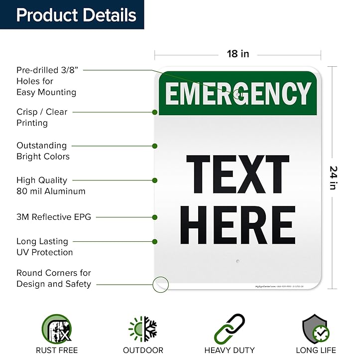 Custom Emergency Sign, OSHA Sign, 18x24 Inches, 3M EGP Reflective, Rust Free .080 Aluminum, Fade Resistant, Made in USA by My Sign Center