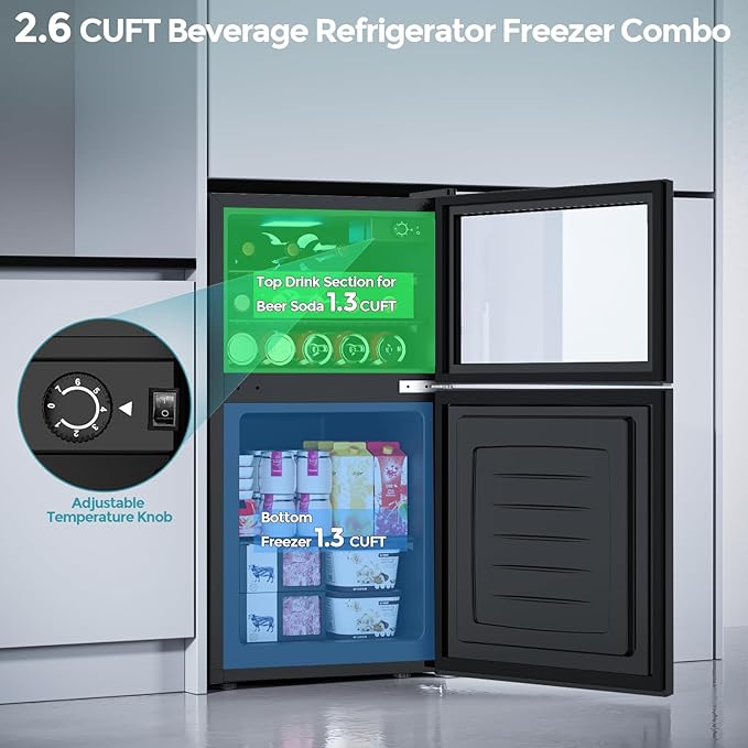 Beverage Refrigerator with Freezer, 2.6 Cu.Ft Compact Refrigerator, Reversible Door, Adjustable Thermostat, Mini Fridge for Bedroom, Office