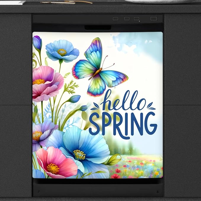 Butterfly Flower Summer Dishwasher Magnet Cover for The Front Dishwasher Door Cover Panel Decals Magnetic Refrigerator Cover for Kitchen Farmhouse Home Decor 23 X 26 in