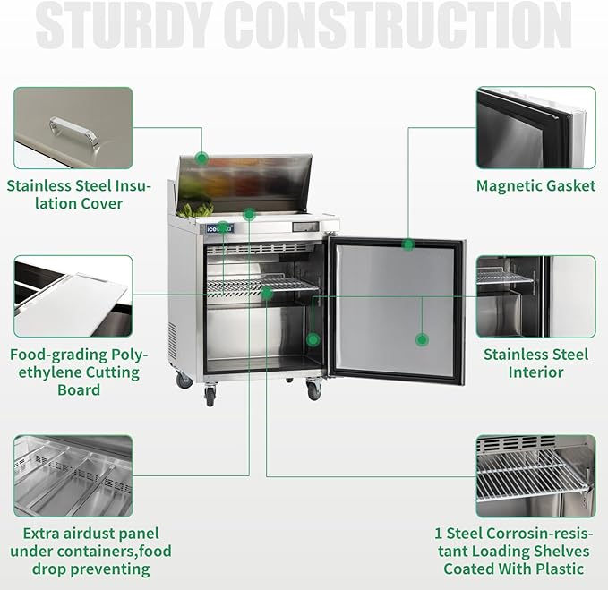 ICECASA 27" W Commercial Refrigerator Sandwich&Salad Prep Table single Door Stainless Steel Counter Fan Cooling Refrigerator with 8 pans-27 Inches for Restaurant, Bar, Shop, etc