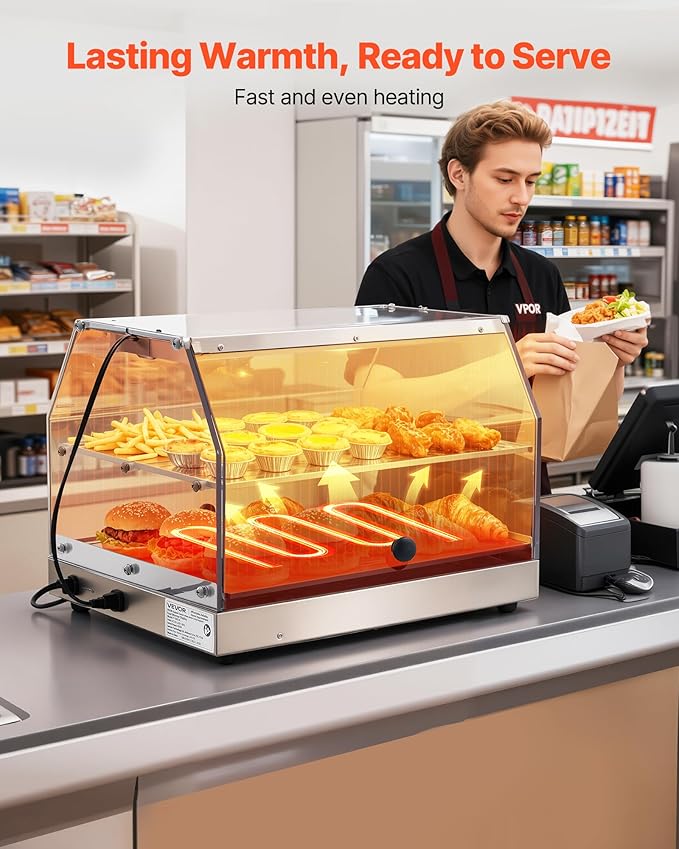 VEVOR 2-Tier Commercial Food Warmer Display, 450W Food Display Warmer with Light, Detachable Shelves and Double-Sided Door Design, 85℉~185℉ Air Heating, 48L for Hamburger, Pizza, Bread, Fried Chicken