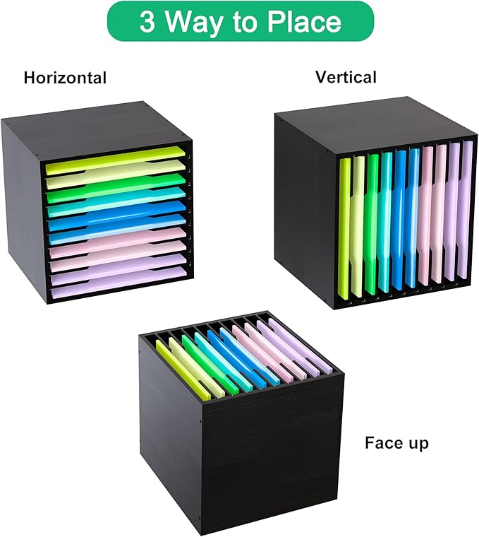 EasyPAG Scrapbook Paper Storage Organizer for Craft Room, 12x12 Paper Storage Desk Shelf, 10 Slot Adjustable File Sorter for Office School Classroom, Black