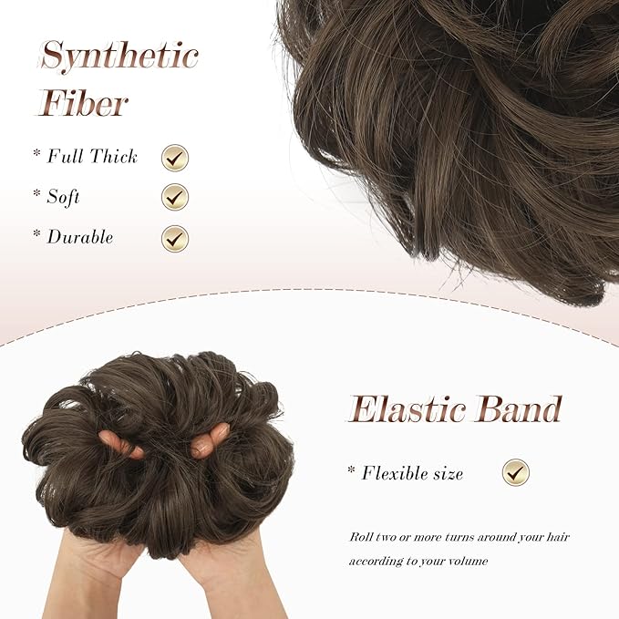FESHFEN Large Messy Bun Hair Piece - Wavy Synthetic Chignon Scrunchies Elastic Ponytail Hair Extensions Thick Hairpieces for Women, Golden Brown 1.94oz