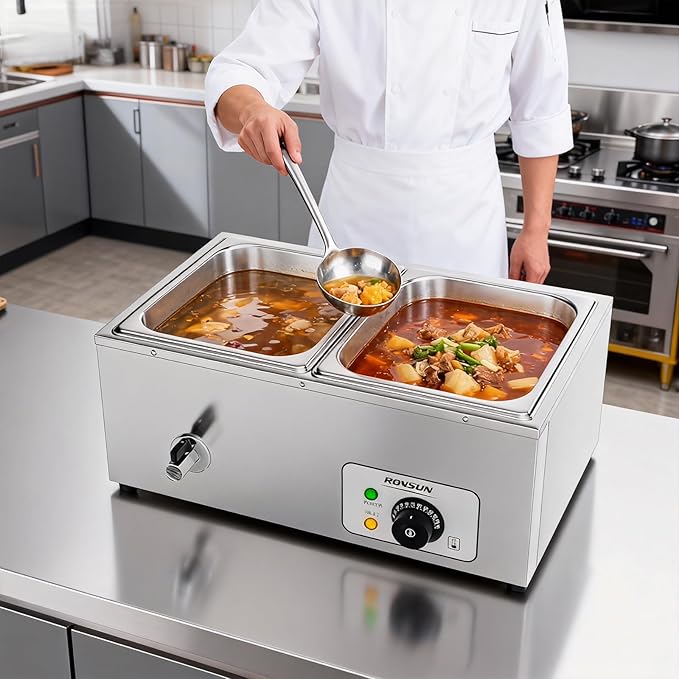 ROVSUN 21QT Electric Commercial Food Warmer, 2-Pan Steam Table 10.6 QT/Pan Stainless Steel Bain Marie Buffet Countertop with Temperature Control & Lid for Parties, Catering, Restaurants 110V