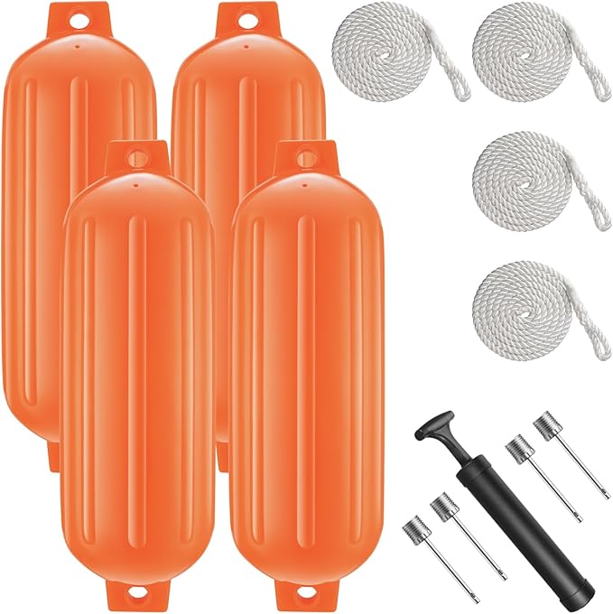 8.5 x 27 Inches Twin Eyes Ribbed Boat Fenders 4 Pack Boat Fenders Bumpers with Lines and Pump to Inflate for Docking
