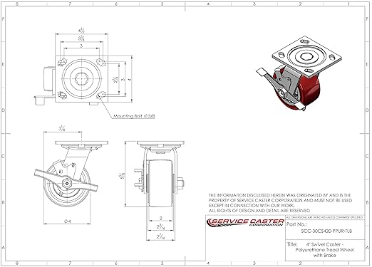 Service Caster Brand Replacement Caster for Uline Caster H-6612SWB - Swivel Top Plate Caster with 4 Inch Polyurethane Wheel and Top Lock Brake - Fits Platform, U-Boat and Panel Trucks H-4168
