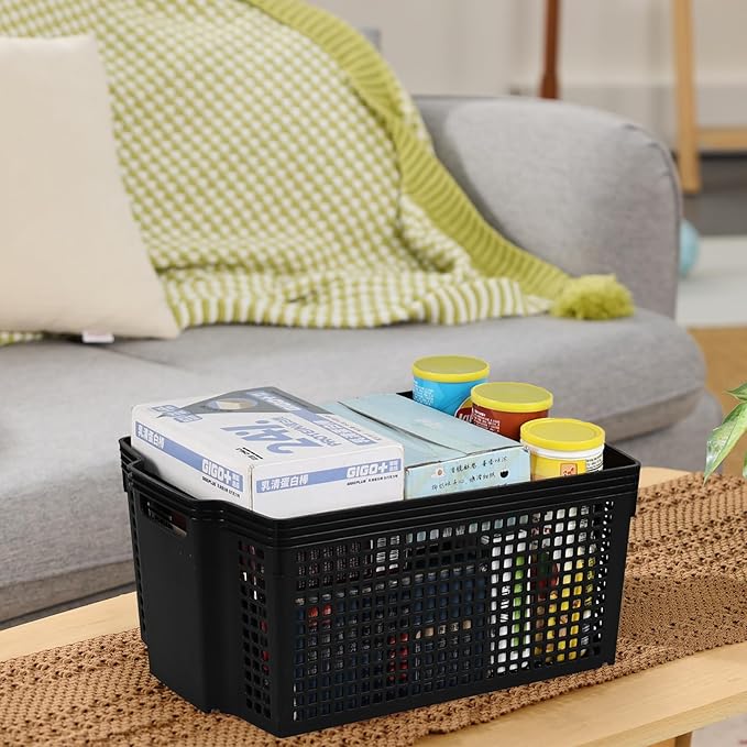 6-Pack Plastic Stackable Baskets, Stacking Plastic Storage Basket, Black