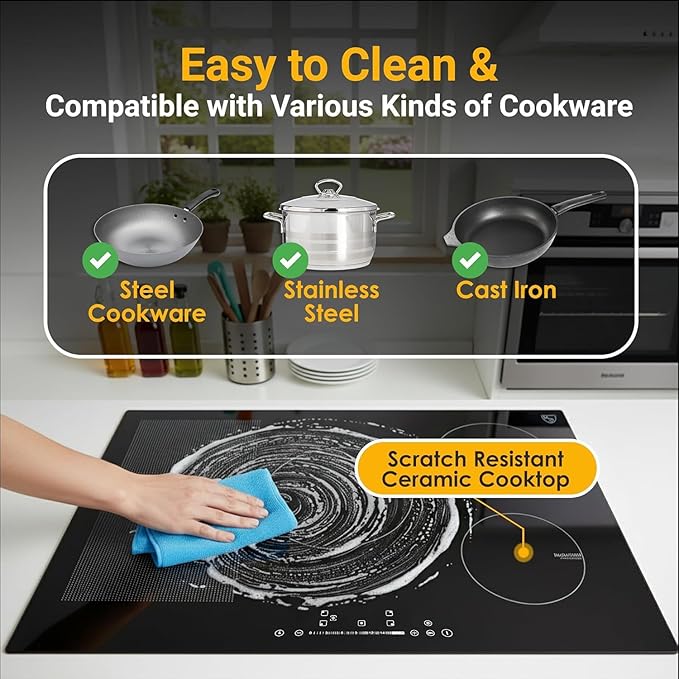 K&H 5 Burner Induction Cooktop - 31.5 Inch Built-In Electric Cermic Stove Top - 17 Heating Levels, 240V, 9200W High-Power Built-in Electric Stove Top - Child Lock, Timer & Touch Control - IN30-9200FLX
