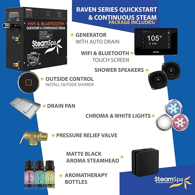 SteamSpa Steam System 7.5kW Steam Shower Generator with Bluetooth Wifi, Quickstart Continous Steam, Advanced Touch Pad Screen, Chroma Lights, Drain Pan and Auto Drain Black RVBS750BK-A