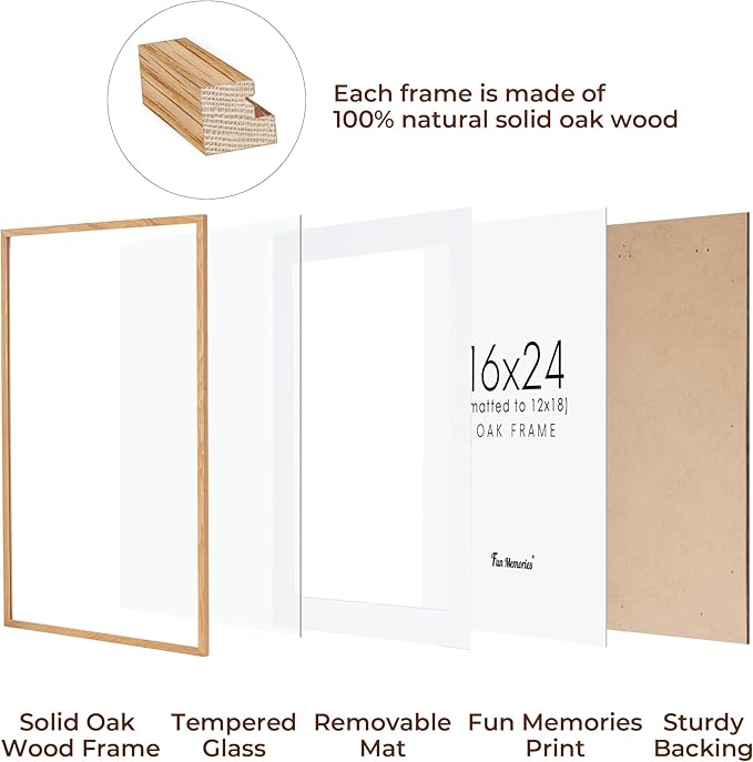 Fun Memories 16x24 Picture Frame for Wall, Solid Oak Wood With Real Glass, Matted to 12x18, Poster Frame (Beige Oak Color, 2 Pack)