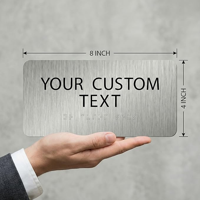 ALPHA DOG ADA SIGNS Custom ADA Braille Room Sign 4x8 Inch - Personalized Office Door Name Plate with Grade 2 Braille - ADA and Title 24 Compliant Signage - Made in USA - Brushed Stainles