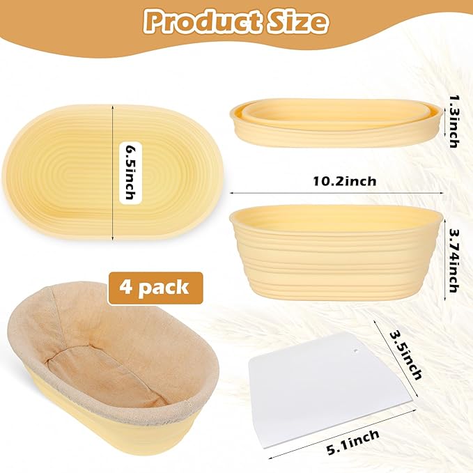 Nuogo 4 Pack Oval Bread Proofing Basket Silicone 10 Inch Collapsible Sourdough Bread Baking Supplies Dough Proofing Bowl with 4 Pcs Dough Scraper and 4 Pcs Basket Covers(Yellow)