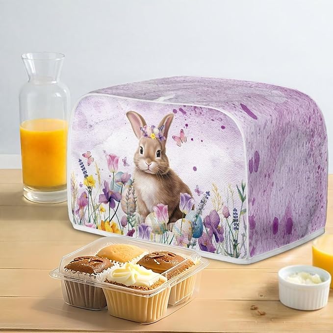Bunny Flower Print 4 Slice Toaster Cover Fingerprint Protection Waterproof Stain Resistant Toaster Dust Protector