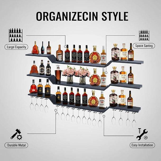 31.5" Wall Mounted LED Wine Rack, 3-Tier Floating Bar Shelves, Large Liquor Shelf with Wine Glass Rack, Large Bar Rack Wall Mounted for Liquor Bottles, Home Bar, Dining Room or Cafe, Gold