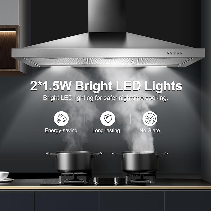 Tiesay Wall Mount Range Hood 36 inch with Ducted/Ductless Convertible Duct, Kitchen Hood Stainless Steel Chimney-Style Over Stove Vent Hood with LED Light, 3 Speed Exhaust Fan, 450 CFM