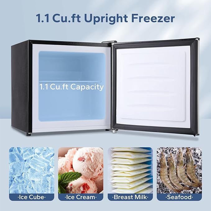 BANGSON Upright Freezer,1.1Cu.ft Mini Freezer with Removable Shelf, Single Door Compact Freezer for Home, Kitchen, Office, Apartment(Silver)