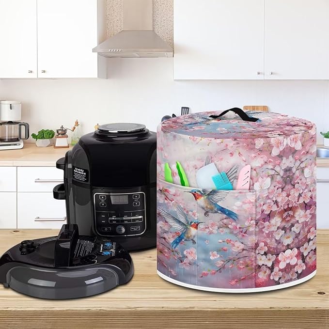 TODIYADDU Birds Cherry Blossoms Dust Cover for Electric Pressure Cooker Waterproof Air Fryer Cover Dust Cover with Storage Pocket and Handle Portable Instant Pot 8 Quart Pressure Cooker Cover Gifts