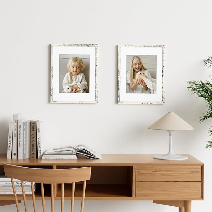 Vittanly 11x14 Picture Frame Set of 2, Solid Wood Frame for Wall Art Photo and Prints, Display Photo 8x10 with Mat or 11x14 without Mat, Distressed White