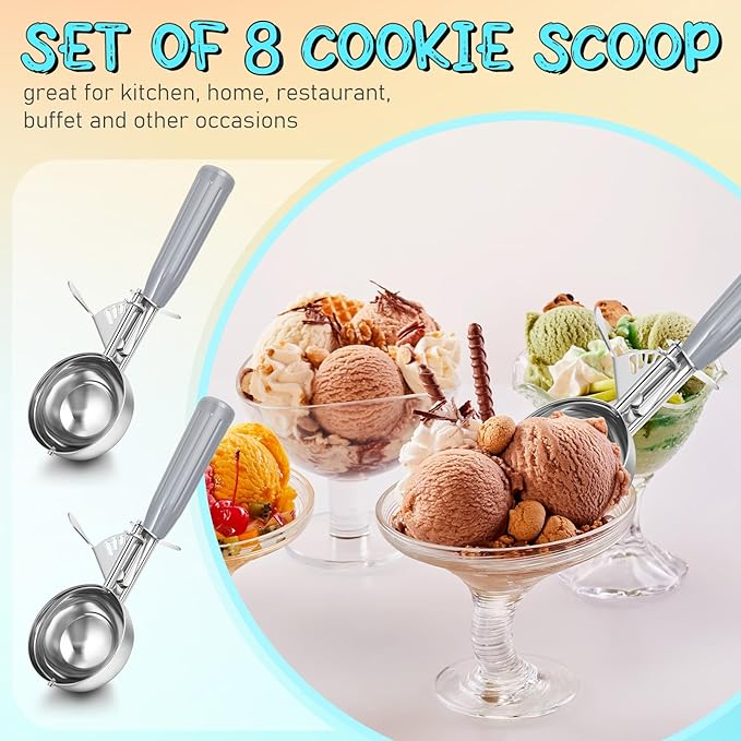 8 Pcs Release Cookie Scoops Ice Cream Scooper with Trigger Release Portion Scoop Stainless Steel for Portion Control, Baking Food, Cookie Dough (4 oz,Gray)