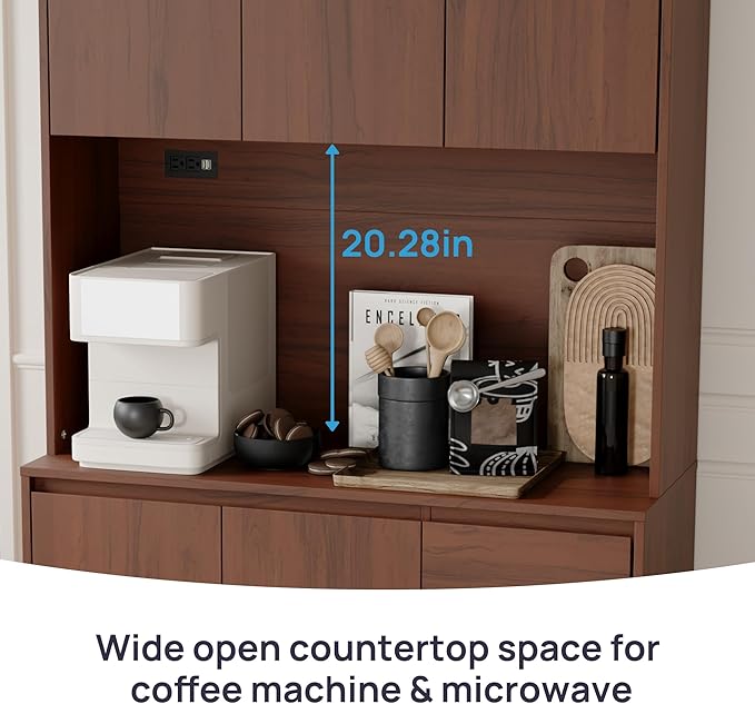 71" Tall Brown Kitchen Pantry Cabinet with 6 Doors & Power Outlet, Freestanding Storage Hutch with Countertop, Adjustable Shelves for Dining Room, Laundry Room