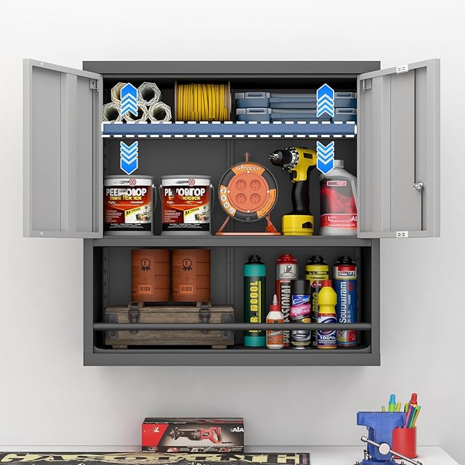 Wall Cabinet,Garage Cabinets Wall Mounted with Locking Doors,Hanging Cabinet with Adjustable Shelf,Floating Upper Storage Cabinet,Grey