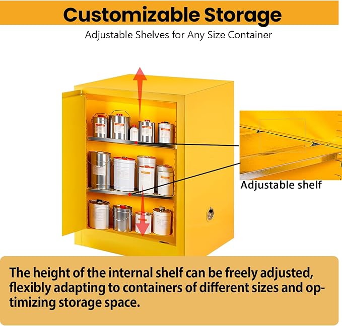 32 Gallon Flammable Liquid Storage Cabinet Fireproof Metal Cabinet with 3 Point Lock, Adjustable Shelves for Industrial, Scientific, Warehouse Use Yellow